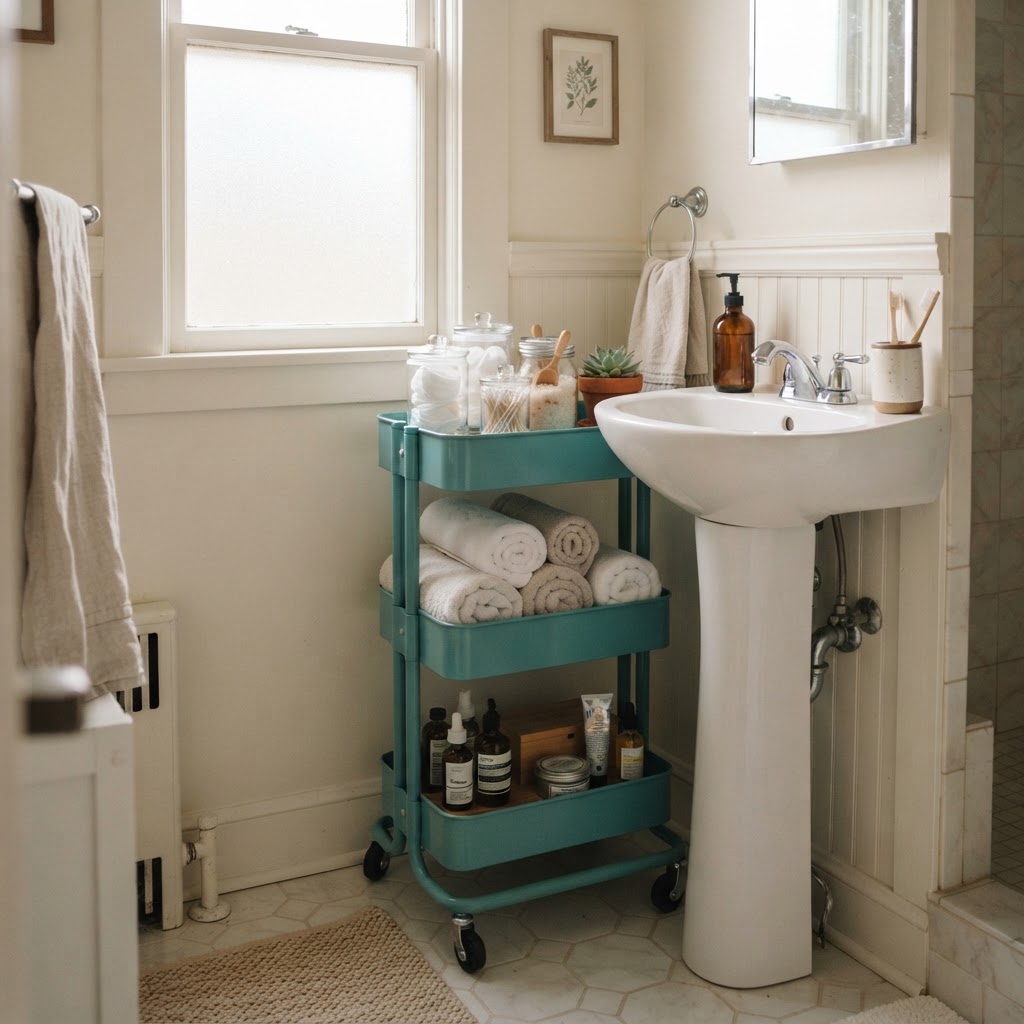 Organizing bathroom essentials in a tight space with a rolling unit.