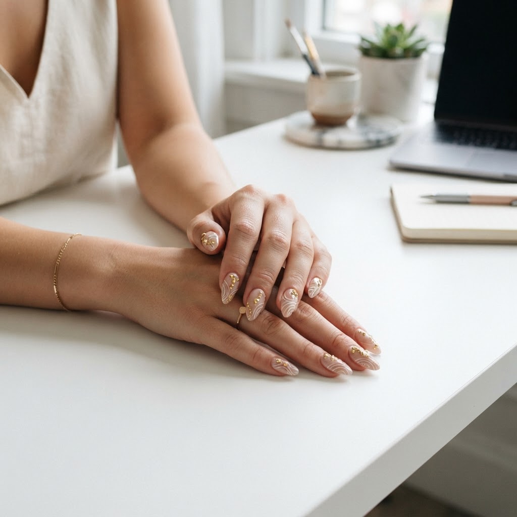 Chic and artistic press on nails with detailed 3D gold hardware.