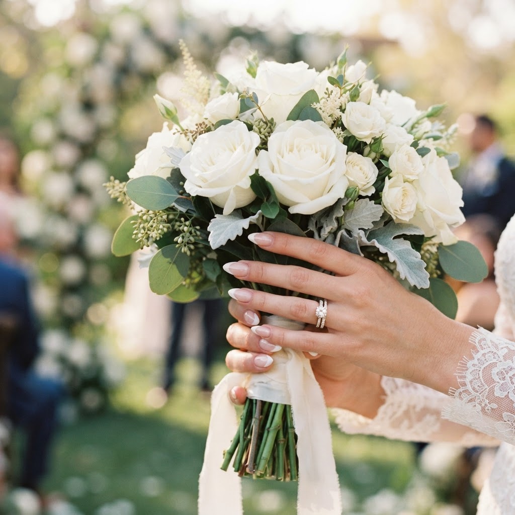 Classic almond French tip nails for a timeless bridal look.