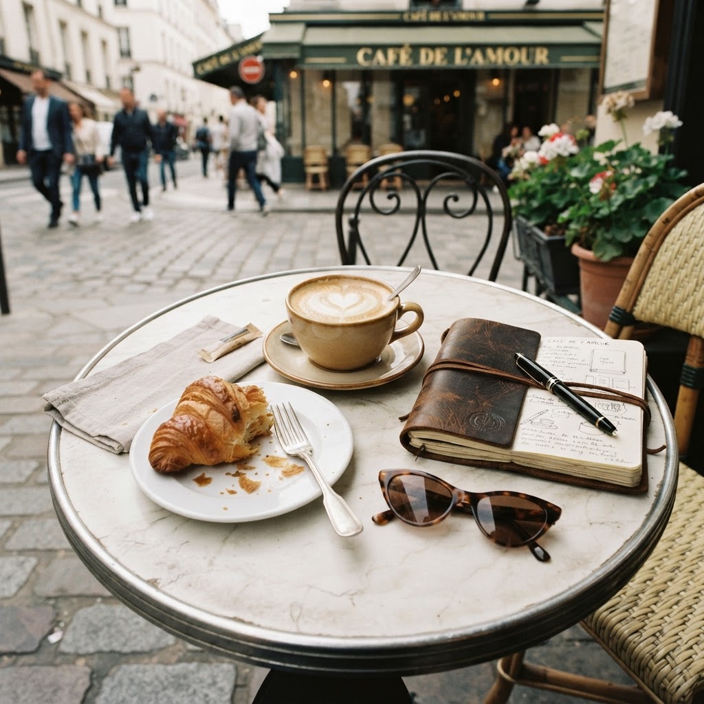 Enjoying the quintessential Parisian 'art de vivre' with a morning coffee and pastry.