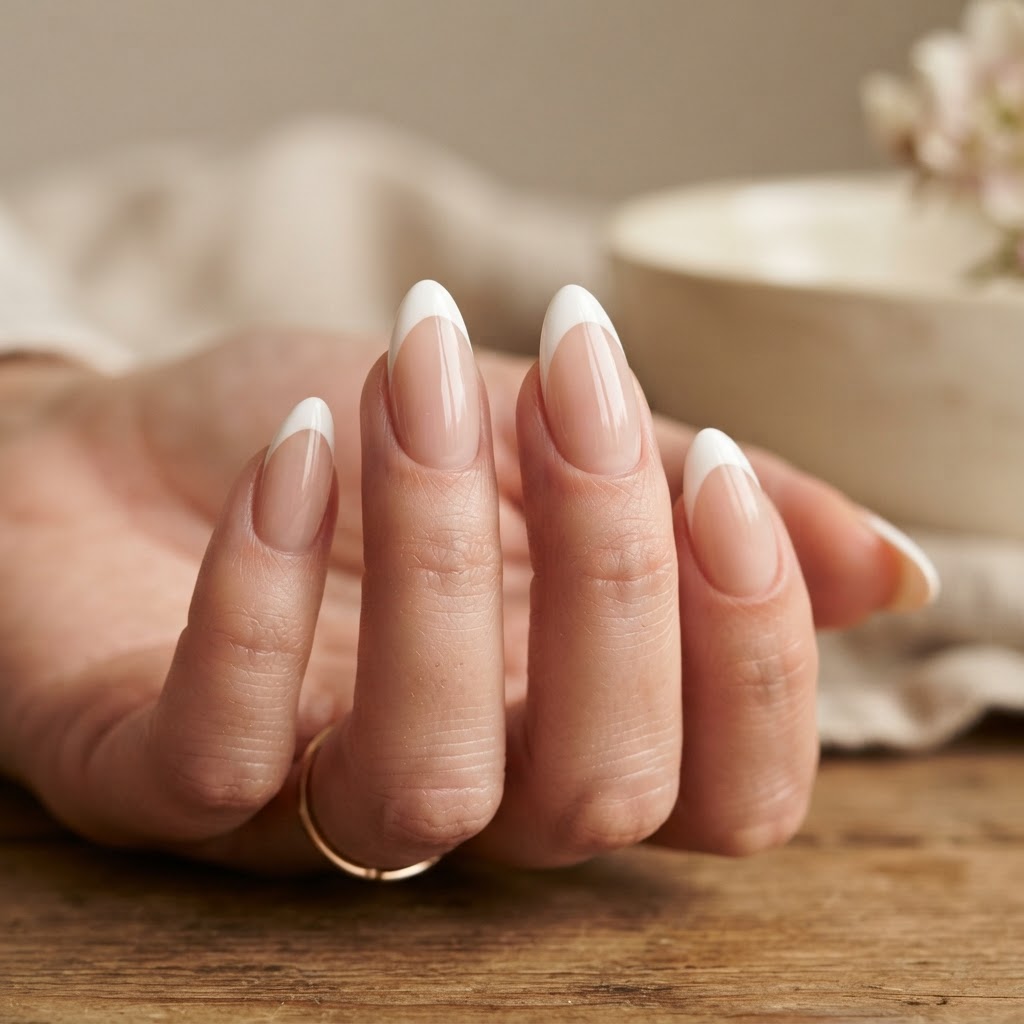 Perfectly applied almond-shaped French tips.