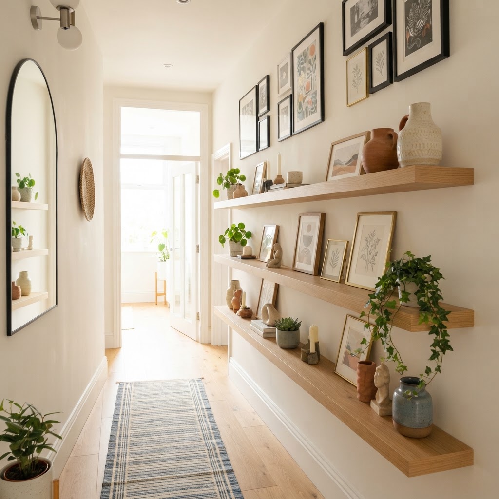 Floating shelves add functional decor to narrow hallways.