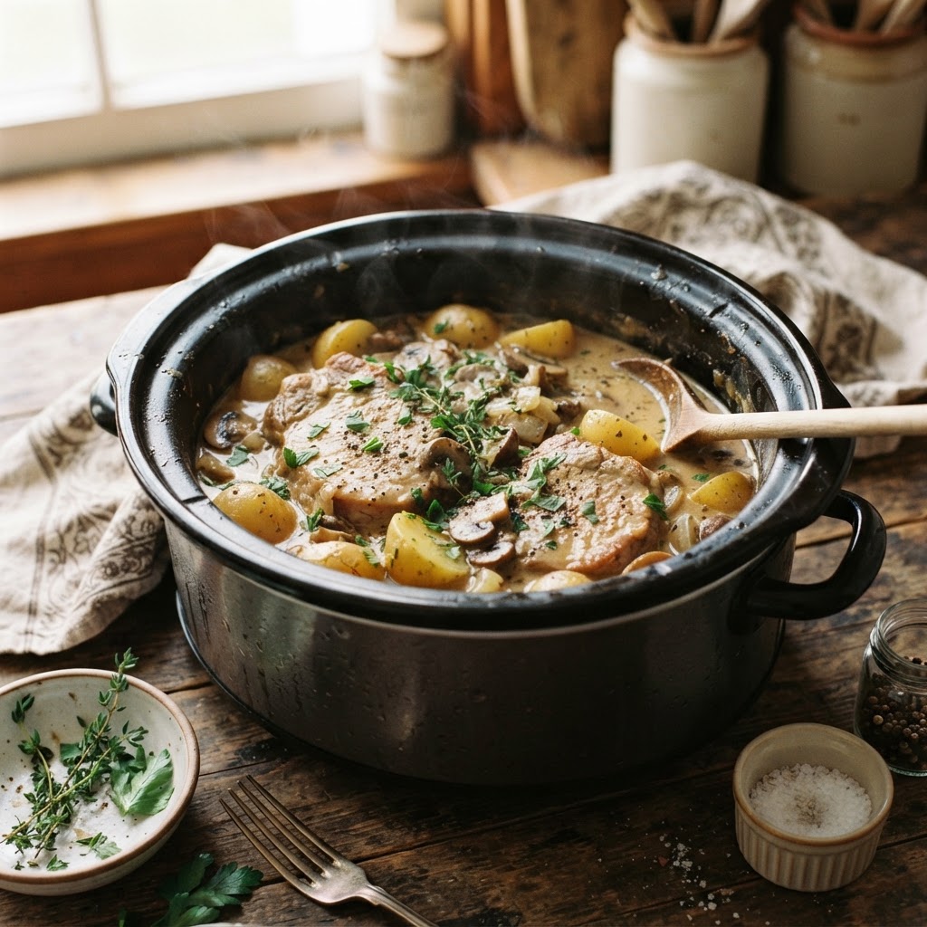 The finished Easy Crockpot Pork Chops and Potatoes served in a slow cooker.
