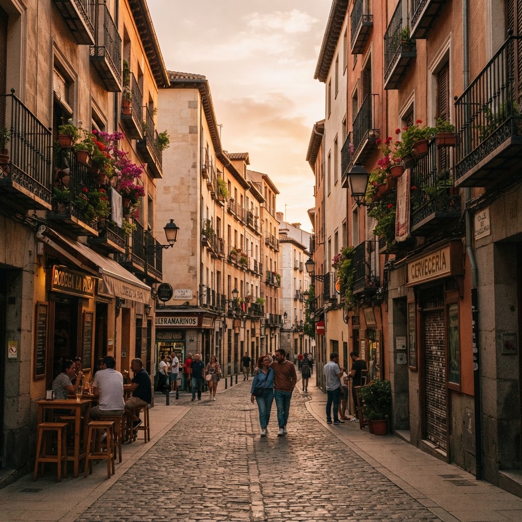 The charming and historic narrow streets of Madrid at sunset.