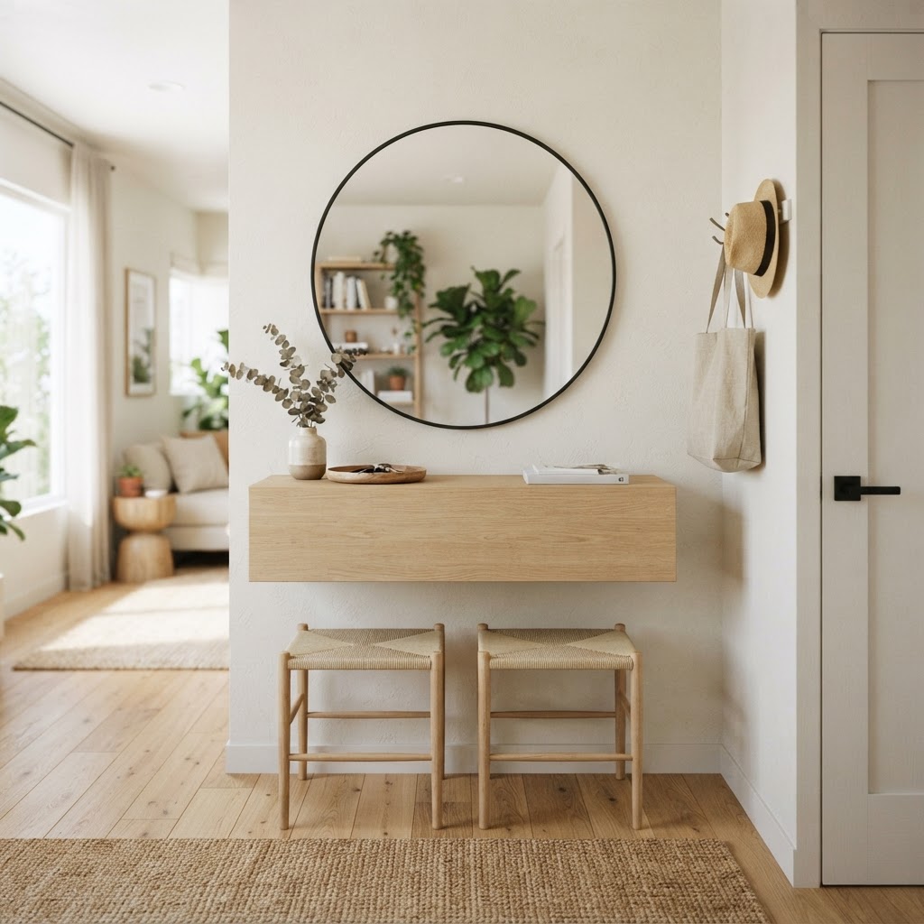A floating console keeps the floor clear for a spacious look.