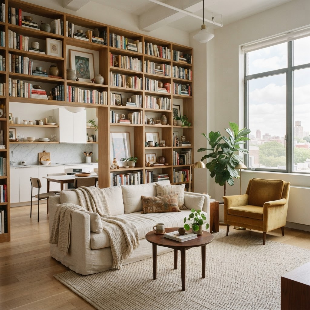 Utilize floor-to-ceiling bookshelves to maximize your vertical space.