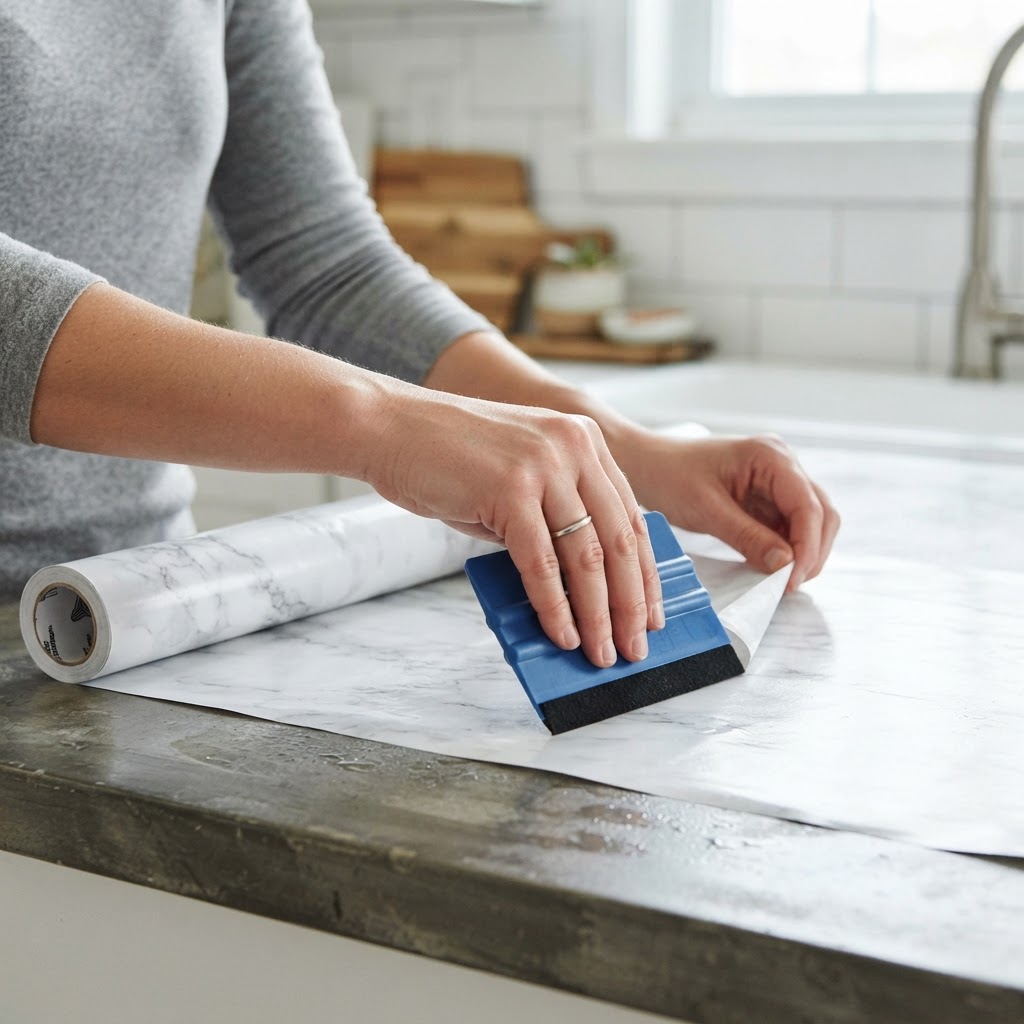 Use marble contact paper to give old laminate countertops a luxury makeover.