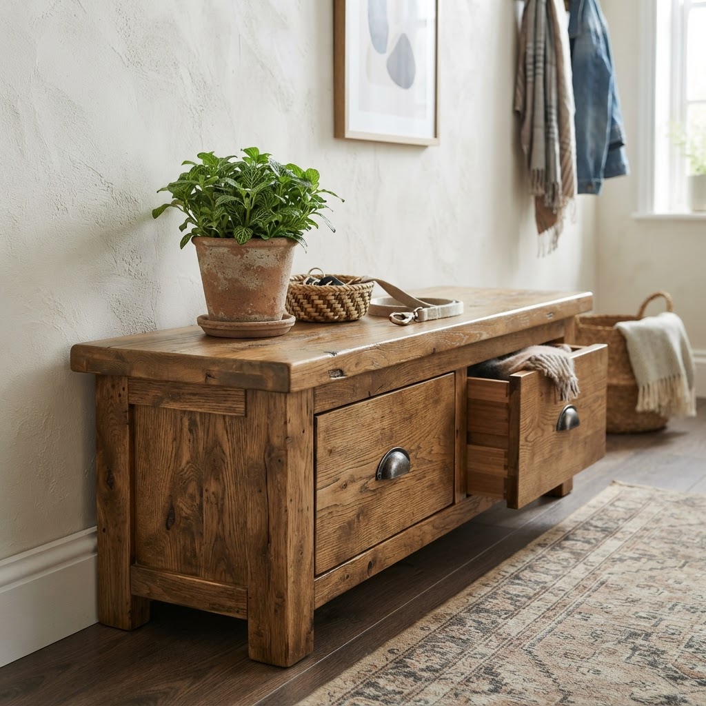 Multifunctional benches hide clutter while offering a place to sit.