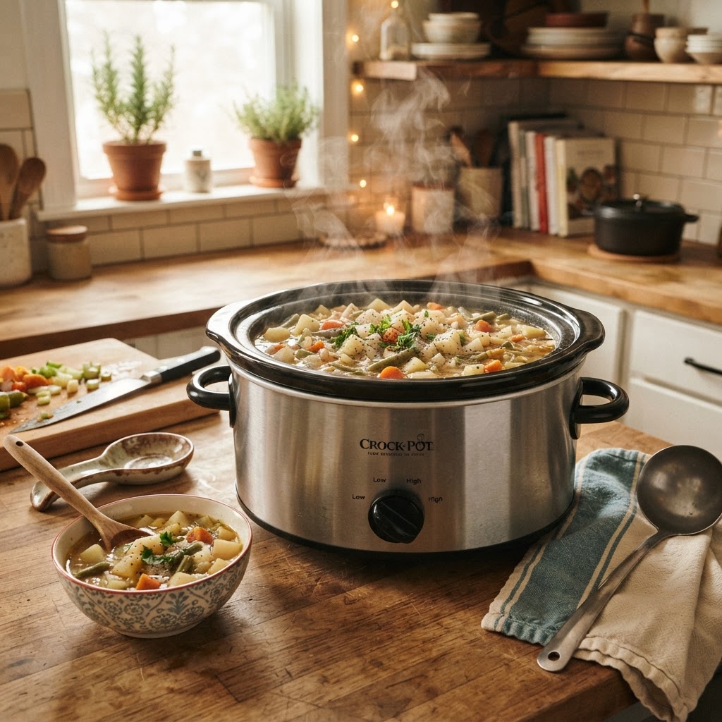 The slow cooker makes preparing a hearty soup effortless.