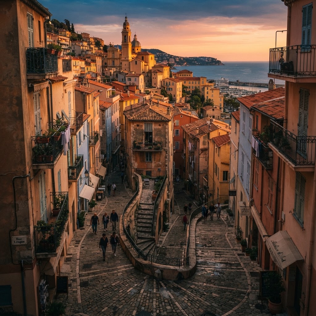 The winding, historic streets of Menton during the magical sunset hour.