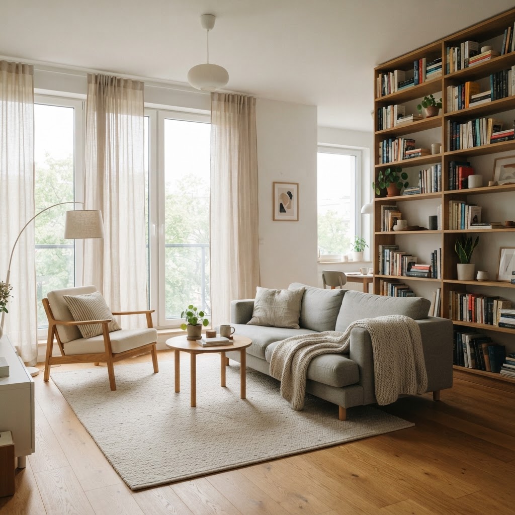 Utilize vertical storage to draw the eye upward and keep the floor clear.