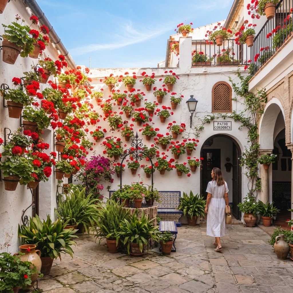 Top 10 Andalusian Patios You Have to See in Spain 2 Vibrant geraniums decorate the iconic white walls of a Cordoba patio.