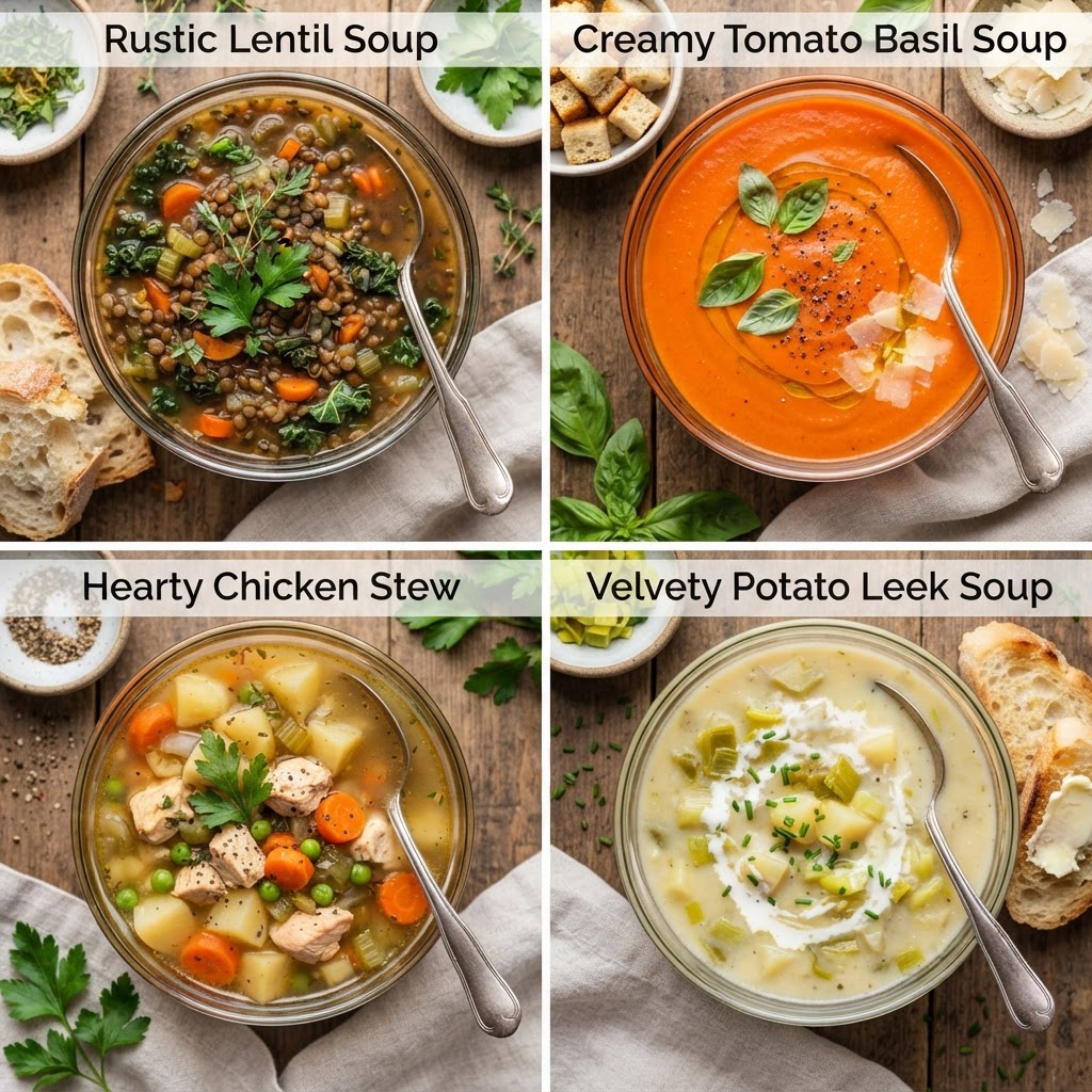 A variety of nutritious slow cooker soups ready for dinner.