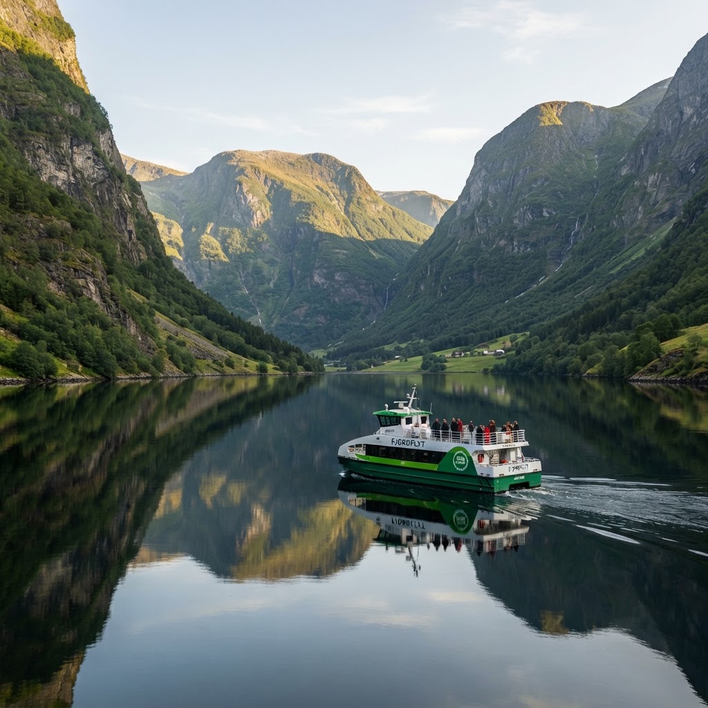 Peaceful navigation through the narrow Nærøyfjord.