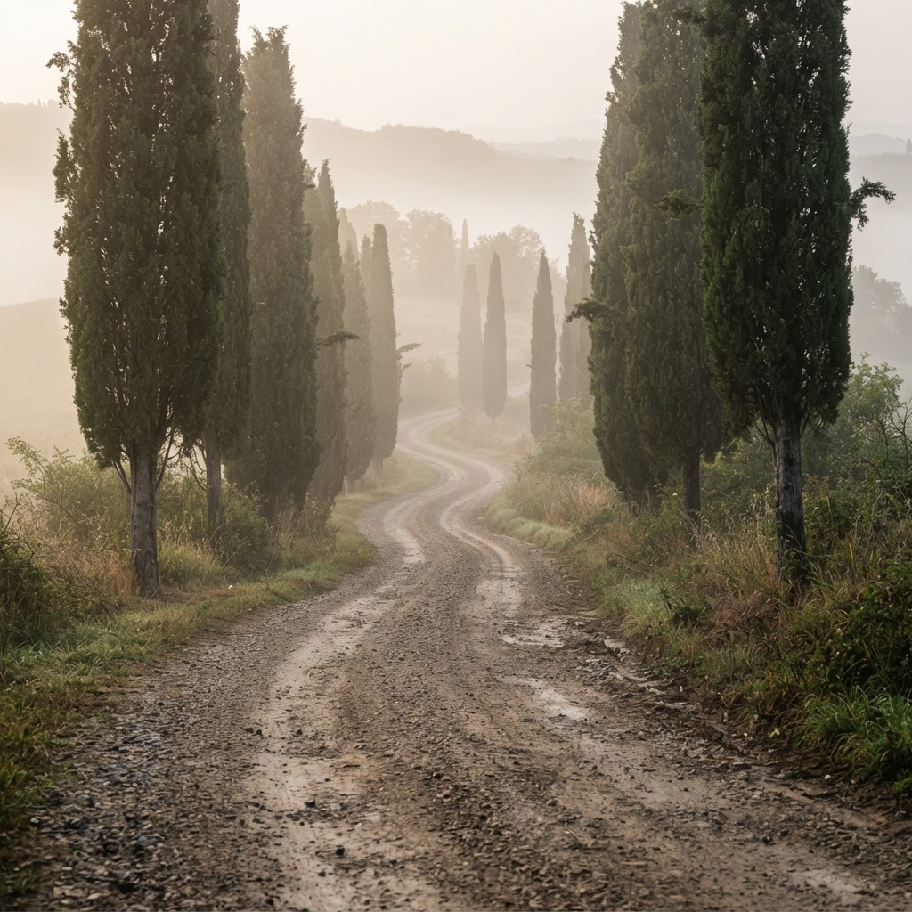 Morning mist settling over a classic Tuscan cypress-lined path.