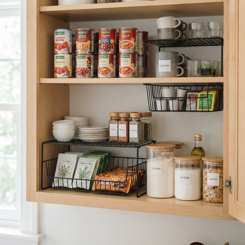 Maximizing cabinet depth with shelf risers.
