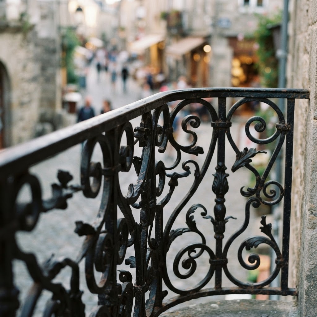 Ornate ironwork serves as the delicate frame for Mediterranean life.