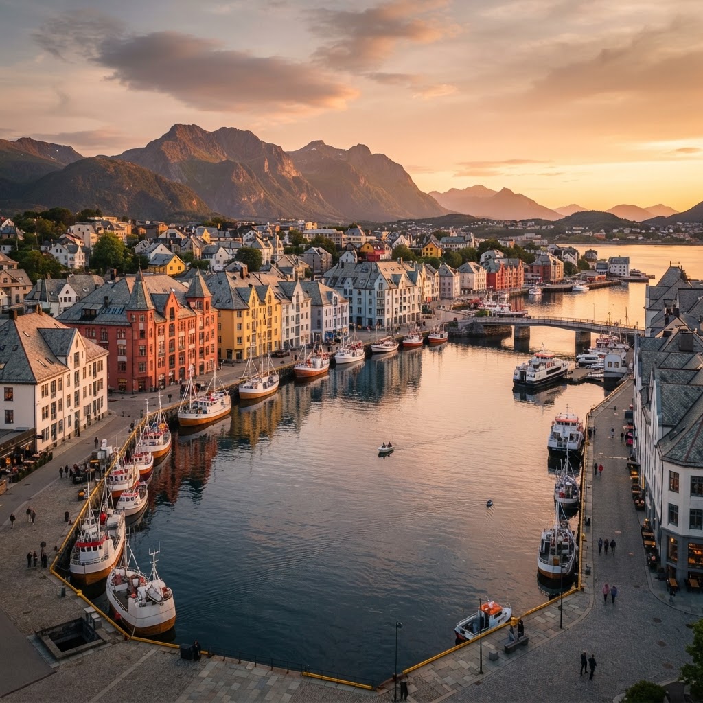The iconic harbor of Ålesund at sunset.