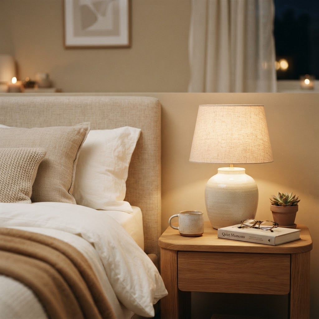 Warm bedside lighting is essential for a relaxing bedroom.