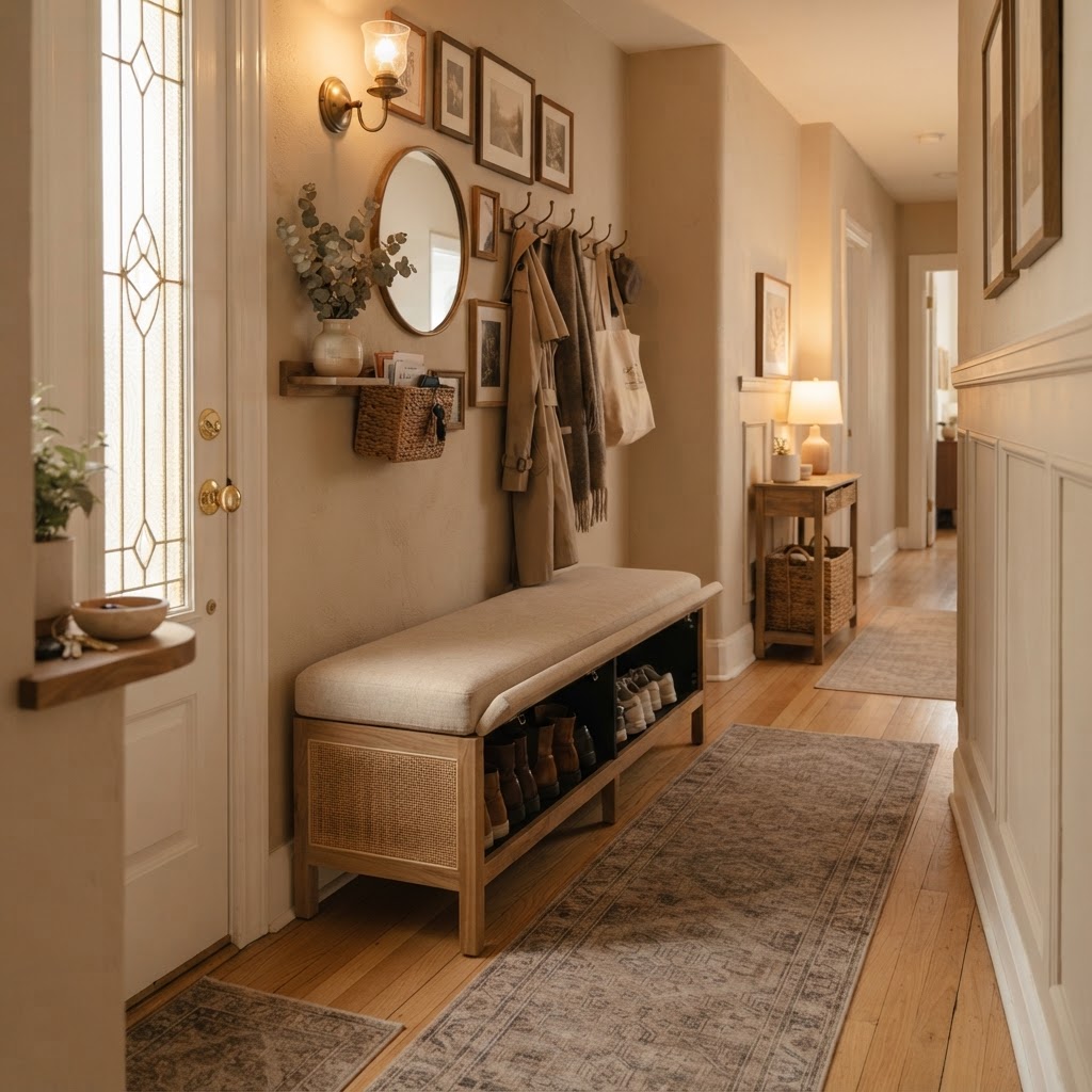 An upholstered storage bench provides comfortable seating and hidden shoe storage.
