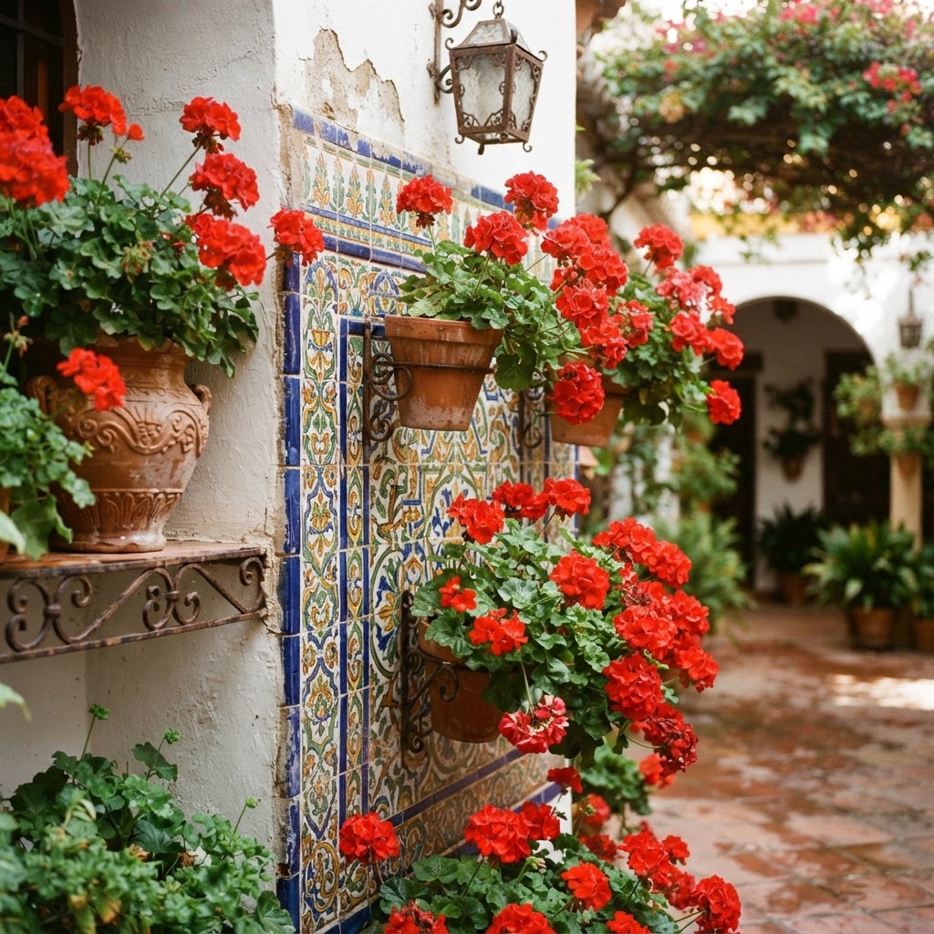 Ceramic tiles and hanging flowers are signature features of local homes.