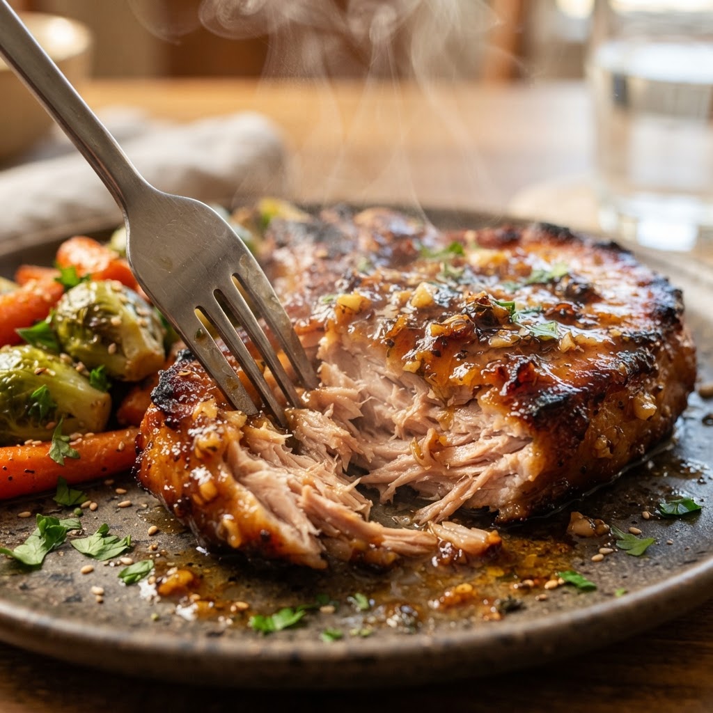Tender, juicy pork chop with a sticky honey garlic glaze.
