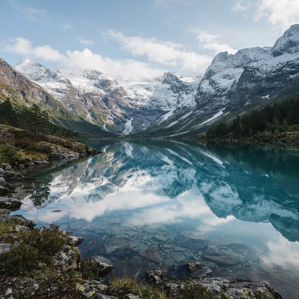 Reflections in a quiet glacial lake mirror the stillness of the Norwegian wilderness.