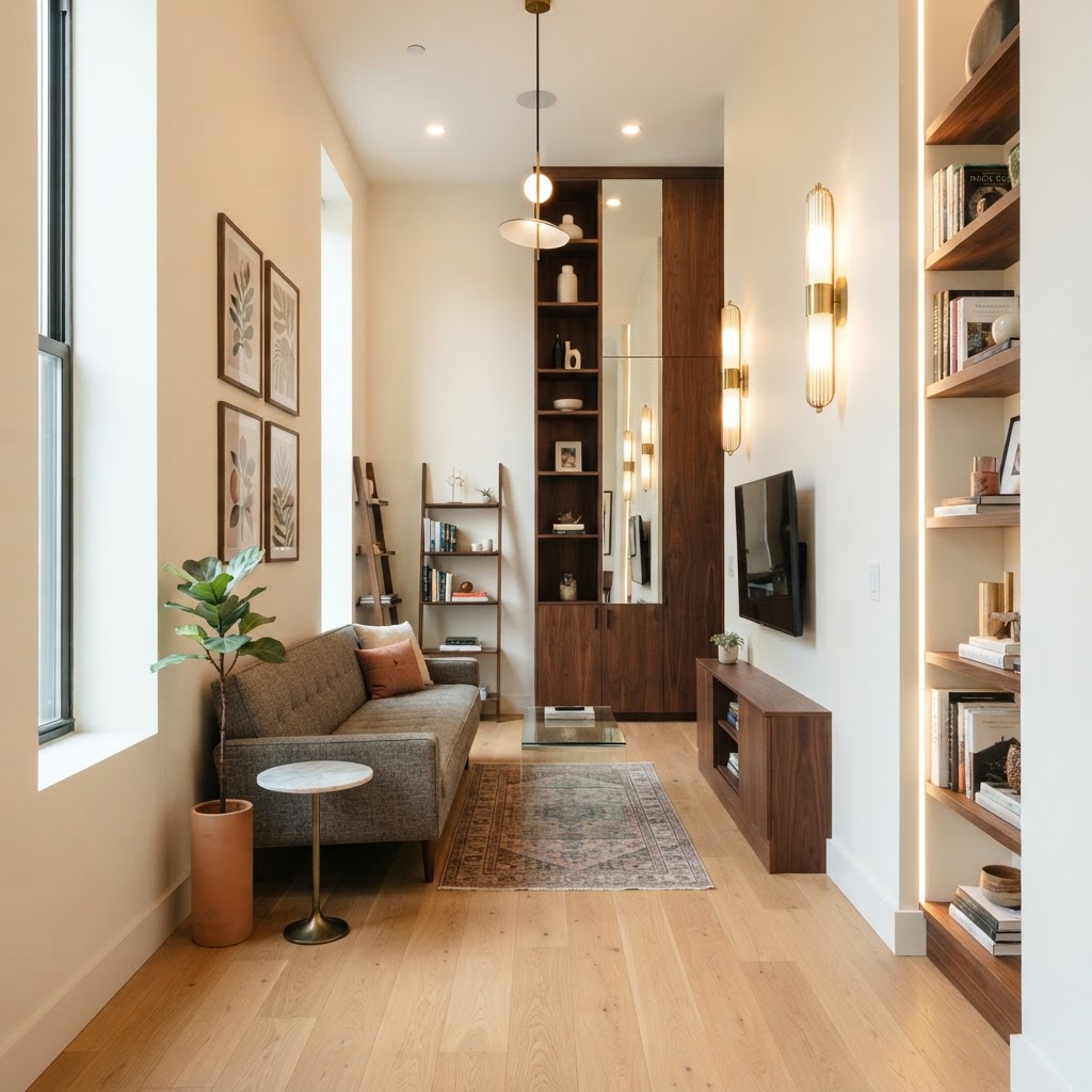 Wall-mounted lighting saves floor space and adds a modern touch.