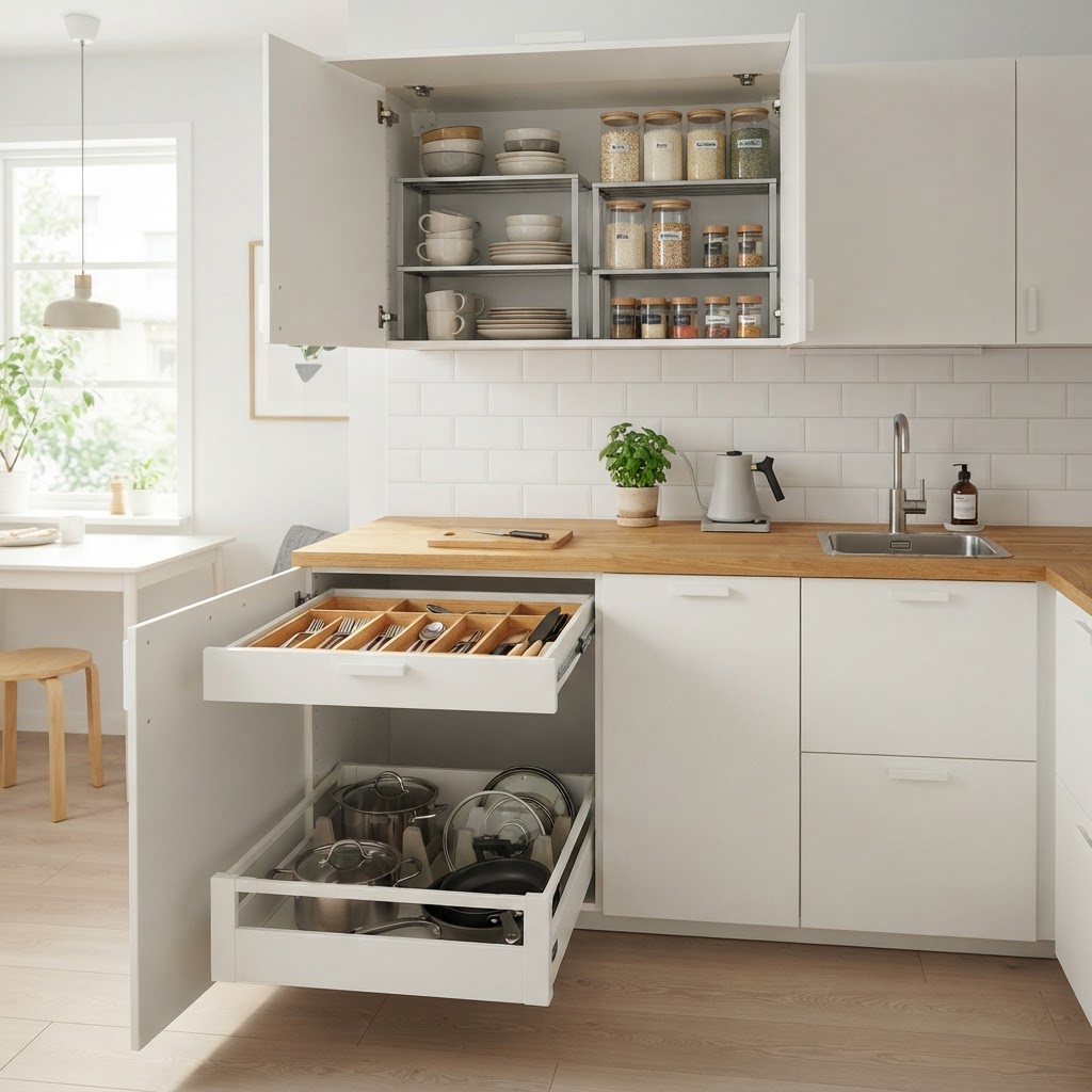Maximize your vertical storage with shelf risers and pull-out trays.