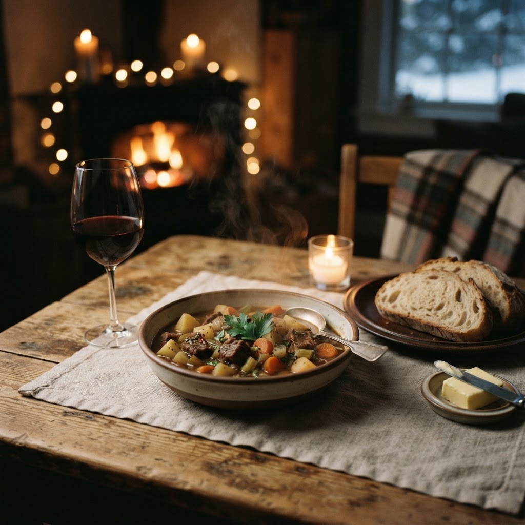 The ultimate comfort food: slow cooker beef stew served in a warm home setting.