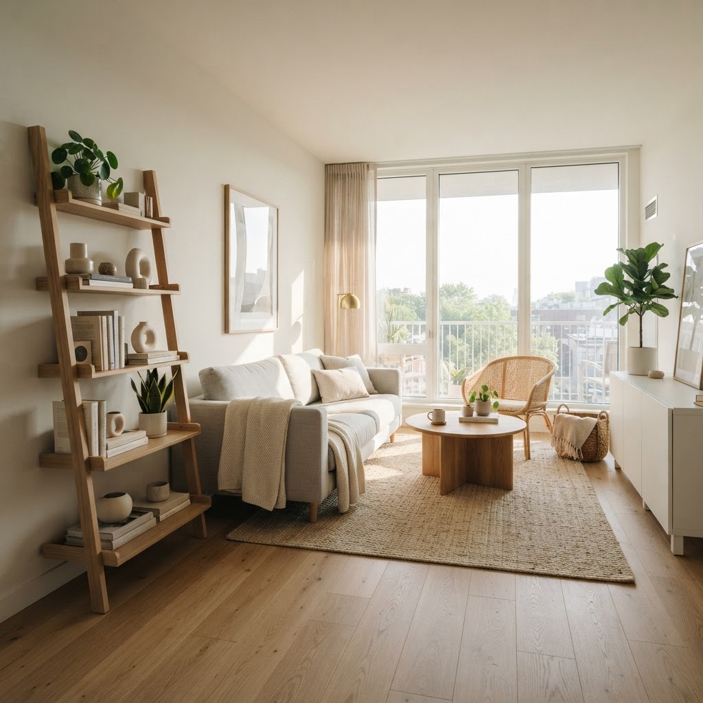 Using vertical storage like ladder shelves creates an illusion of height in small spaces.
