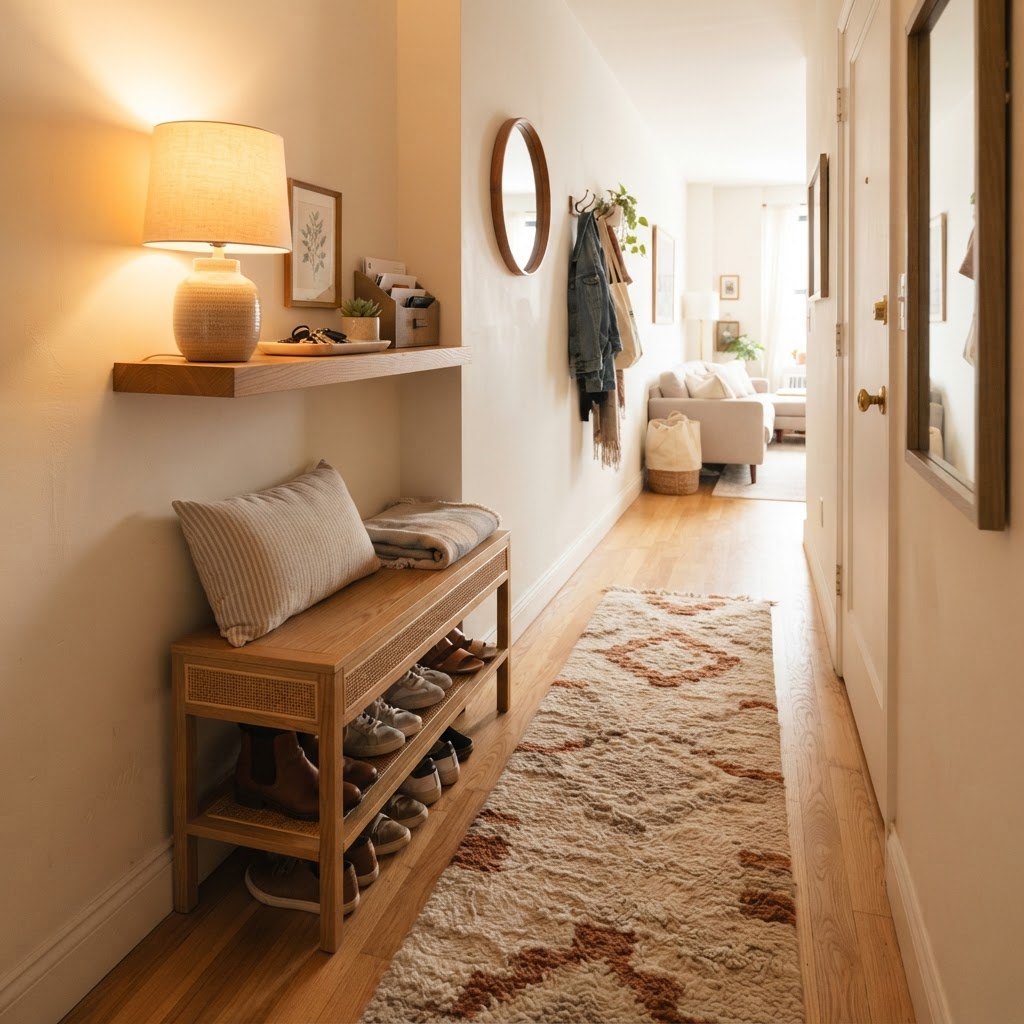A small bench with storage maximizes floor space while adding comfort.