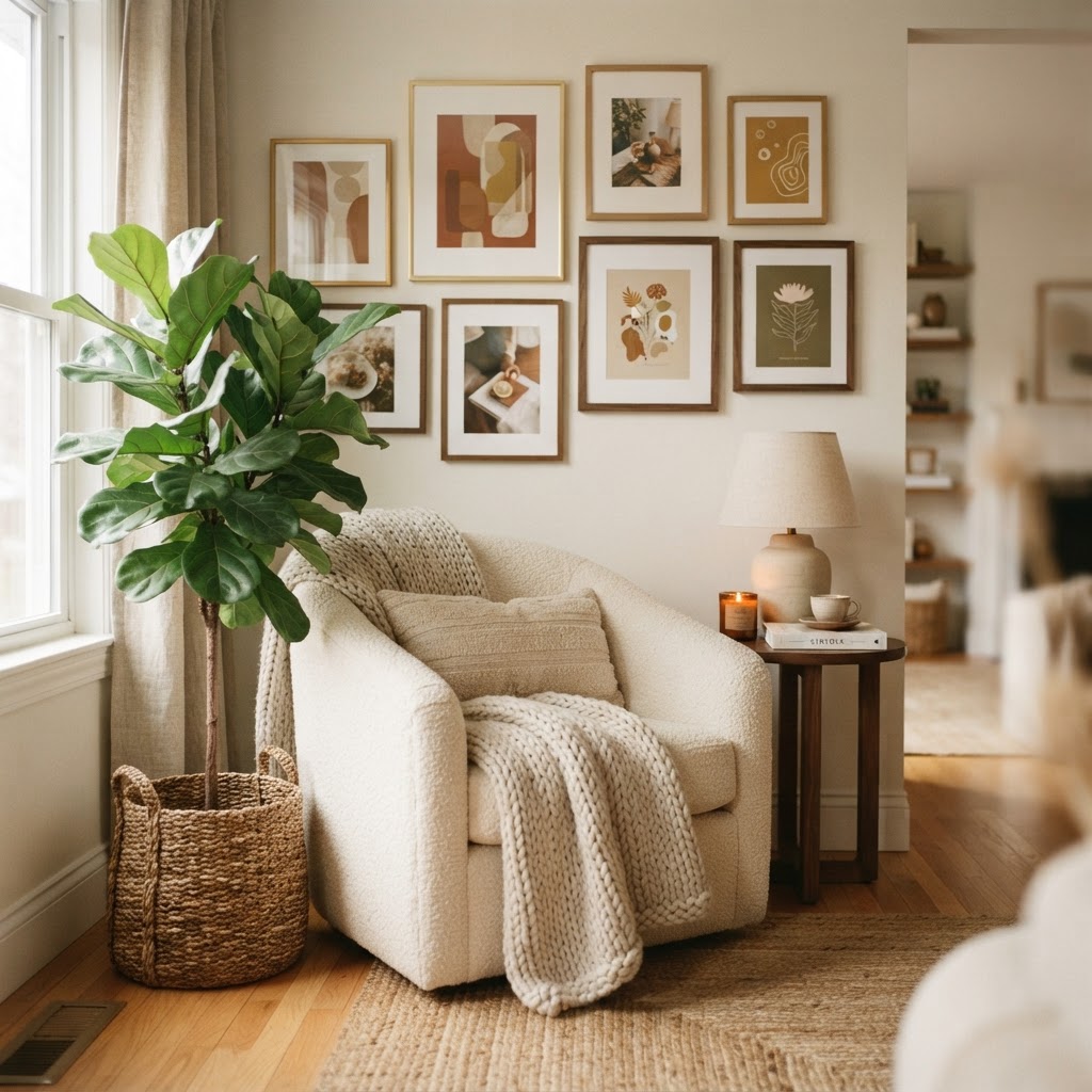 Add life to your small space with plants and personal wall art.