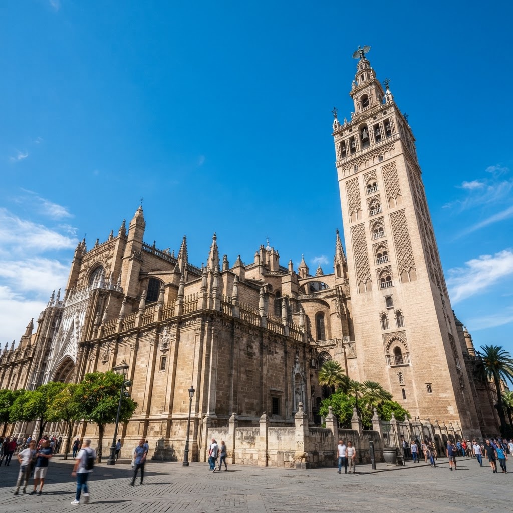 The stunning facade of the Seville Cathedral viewed from the Plaza del Triunfo.