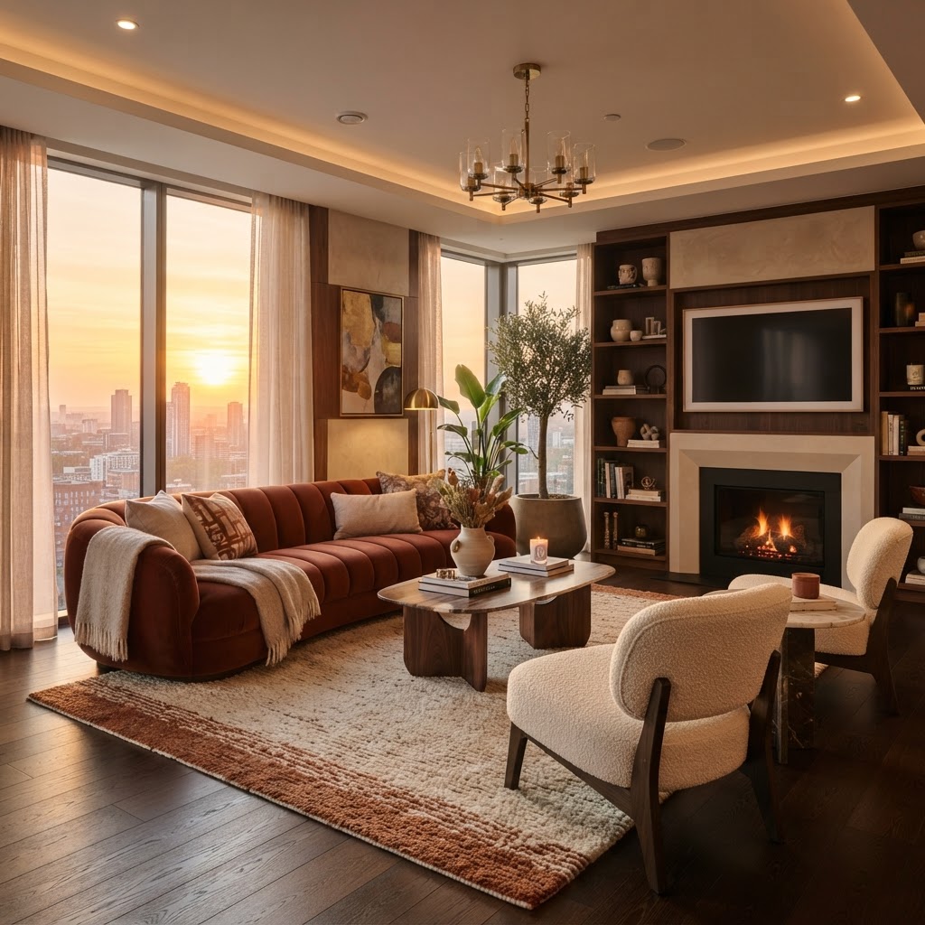 A terracotta-toned living room captures the essence of luxury.