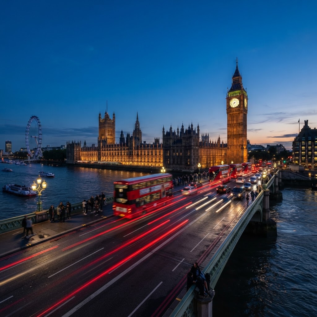 The iconic view from Westminster Bridge featuring moving traffic light trails.