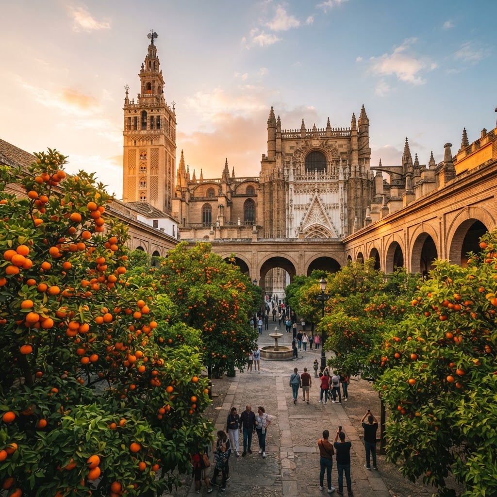 The iconic Patio de los Naranjos at the Seville Cathedral.