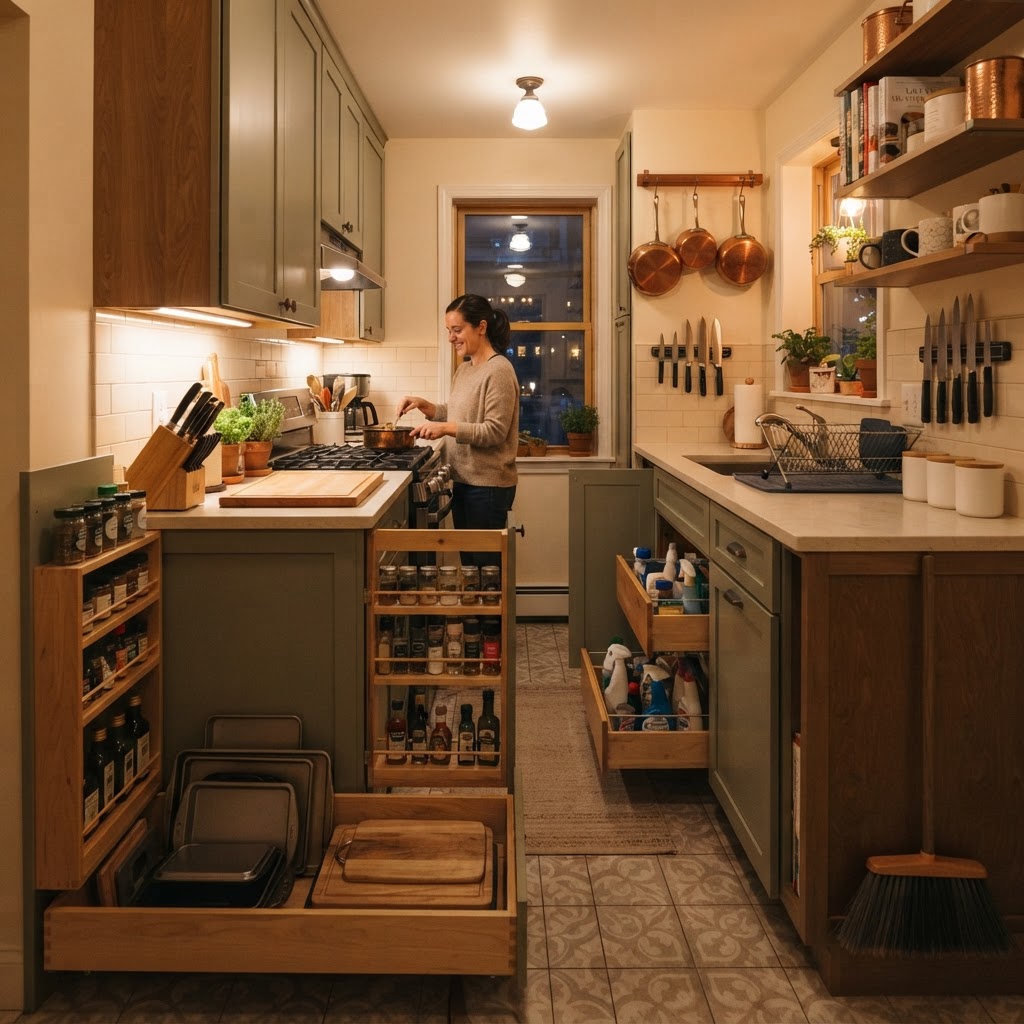 Hidden storage hacks can completely transform a tight galley kitchen.