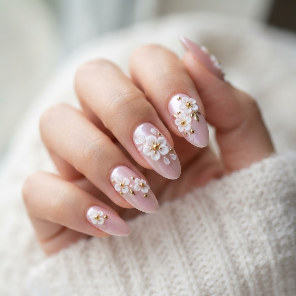 Soft pink pearl almond nails featuring delicate 3d floral accents.