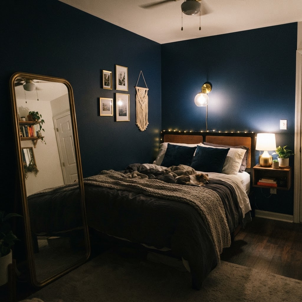 A bold accent wall adds character to a small sleeping nook.