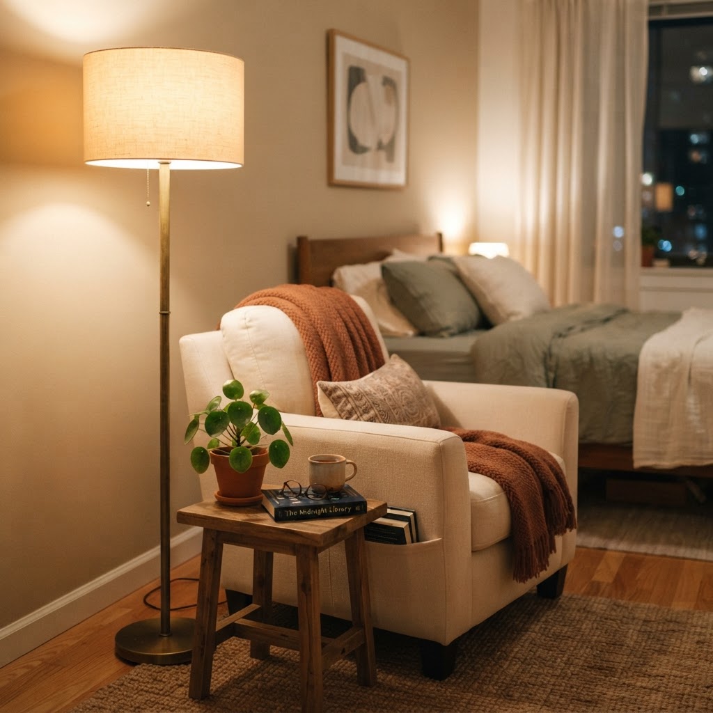 A well-placed floor lamp defines your reading nook.