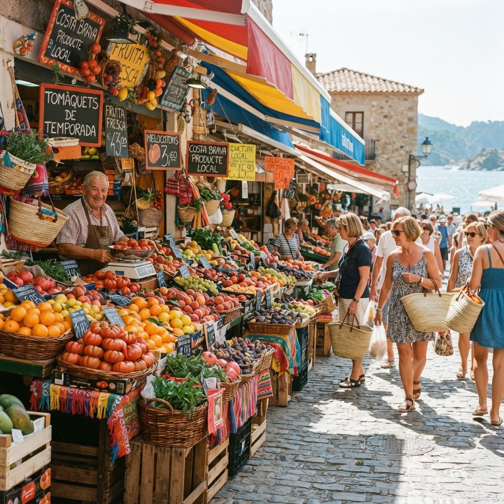 The vibrant atmosphere of a traditional Costa Brava fruit market showcasing fresh local produce.