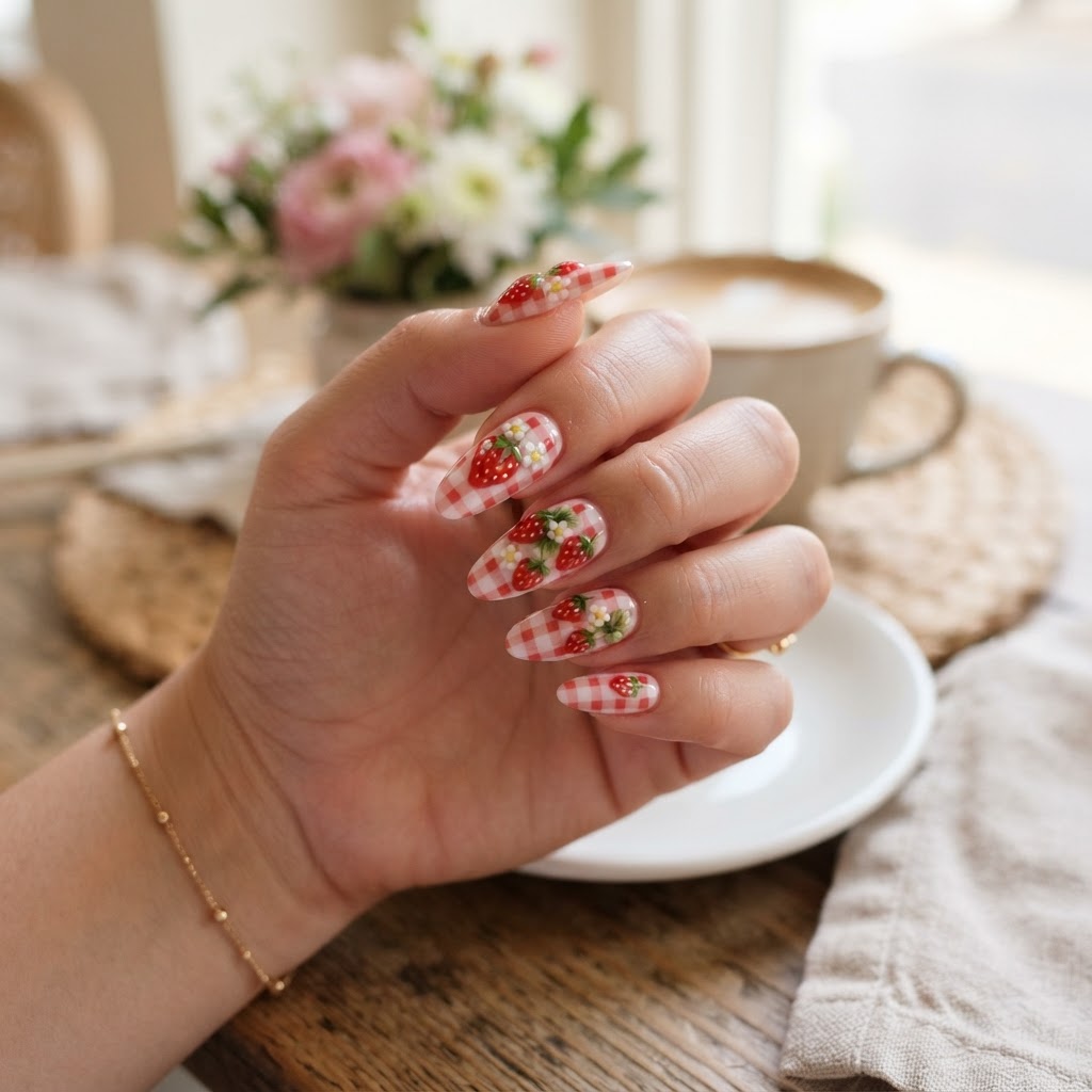 A stunning example of strawberry gingham nail art.