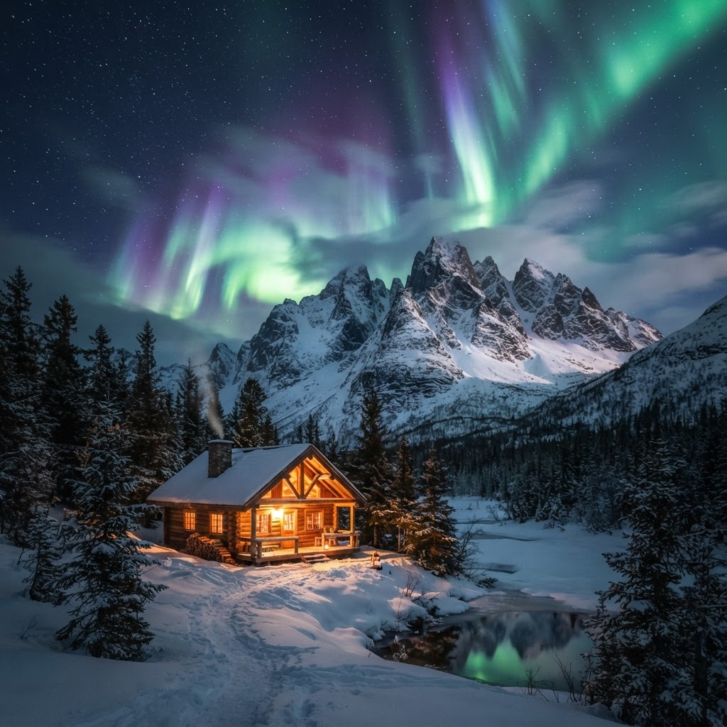 A cozy escape beneath the dancing lights of the northern sky.