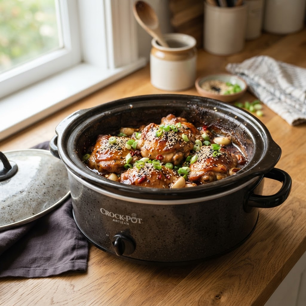 The finished Easy Slow Cooker Honey Garlic Chicken served directly from the pot.