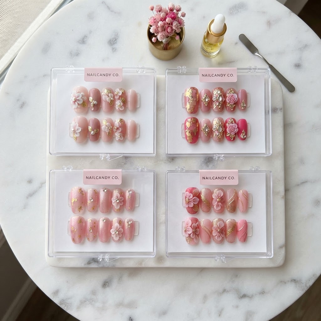 Variety of handmade custom press-on nail sets.