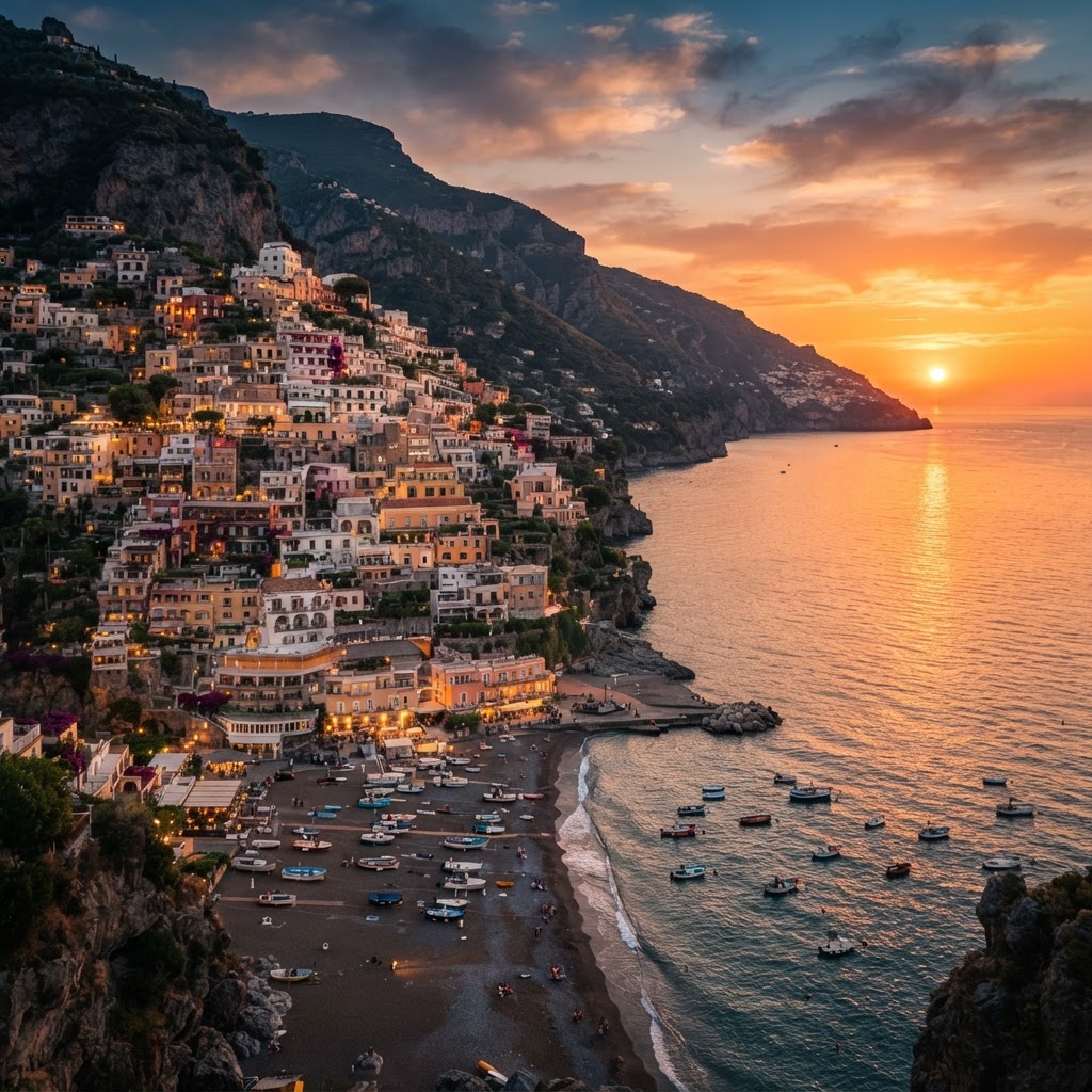 The golden hour illuminates the vertical architecture of Positano.