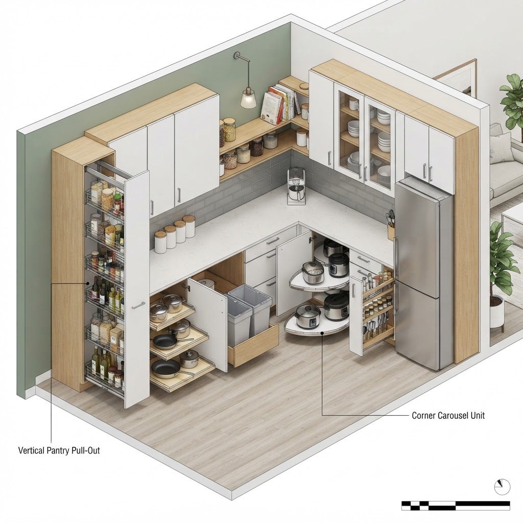 Efficient layout planning transforms tiny kitchens into functional workspaces.