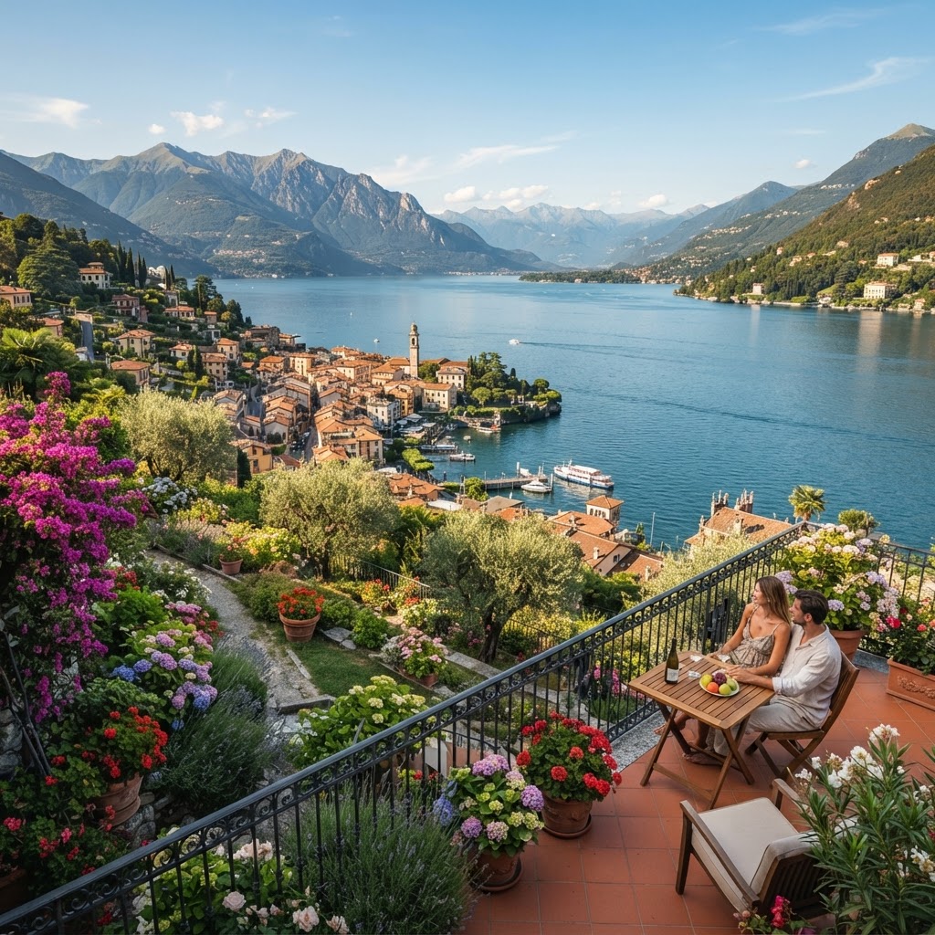 The iconic view from Bellagio's terraced gardens.