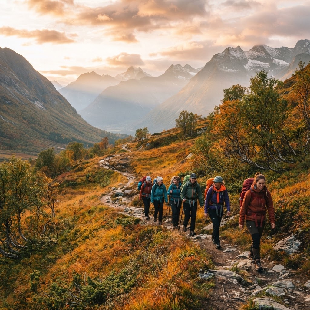 Hikers trekking through the stunning Norwegian wilderness.